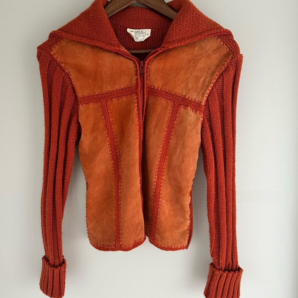 70s Vintage Bohemian Festival Suede Cow Leather Knit Cardigan Jacket Small West